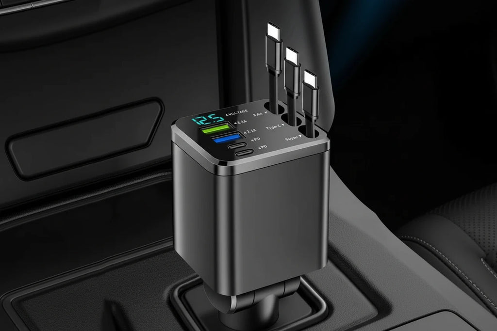Retractable Car Charger 7 in 1 Fast Charging Car Charger Retractable Cable USB Type C Multi Ports Car Charger Adapter Compatible