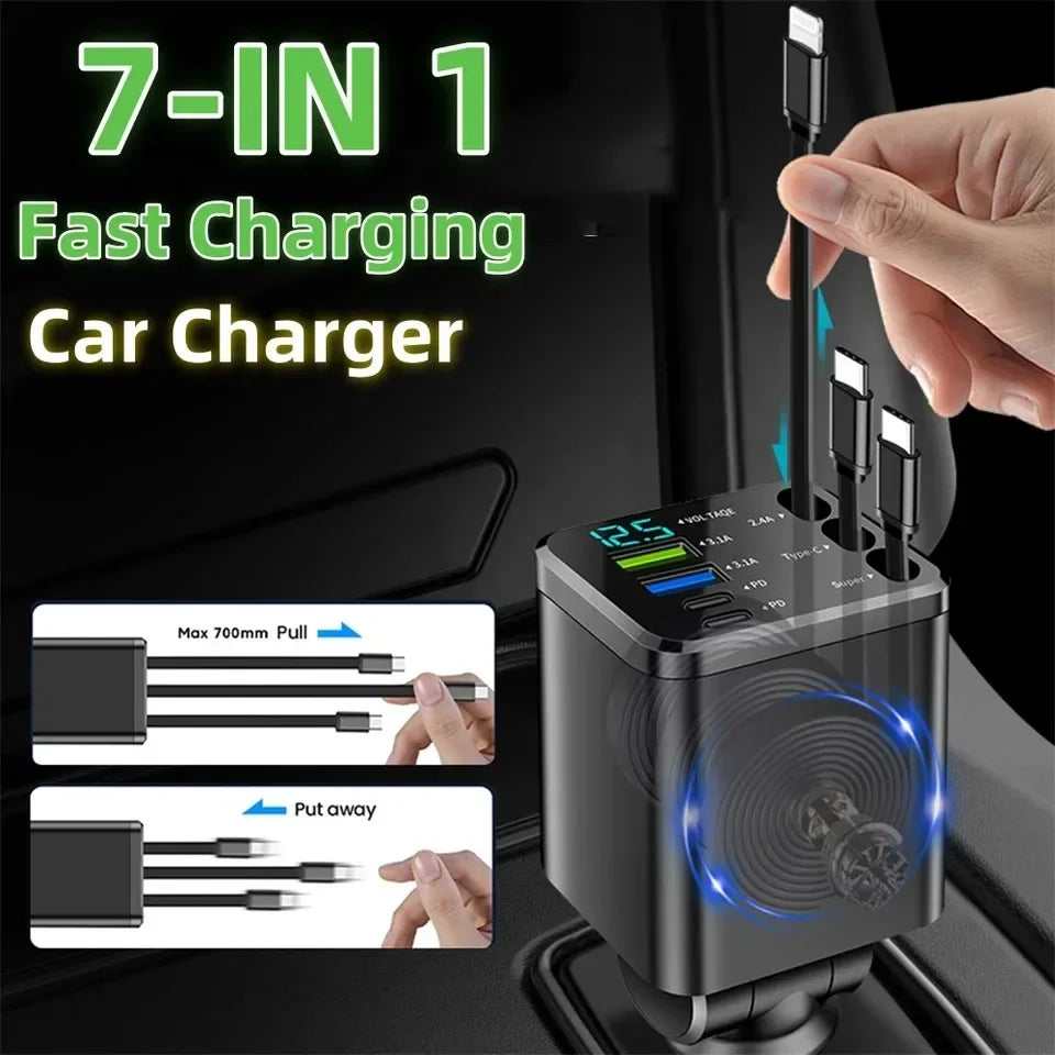 Retractable Car Charger 7 in 1 Fast Charging Car Charger Retractable Cable USB Type C Multi Ports Car Charger Adapter Compatible