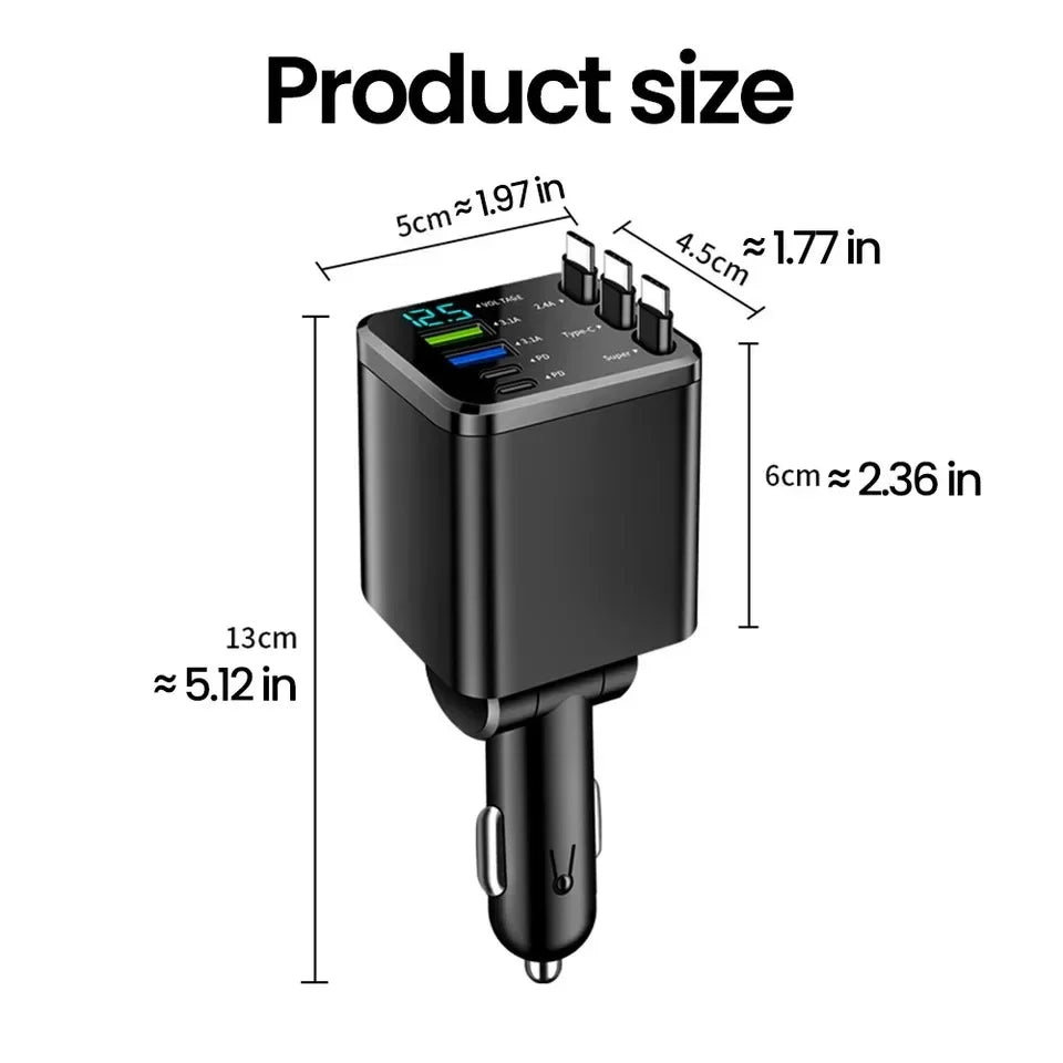 Retractable Car Charger 7 in 1 Fast Charging Car Charger Retractable Cable USB Type C Multi Ports Car Charger Adapter Compatible